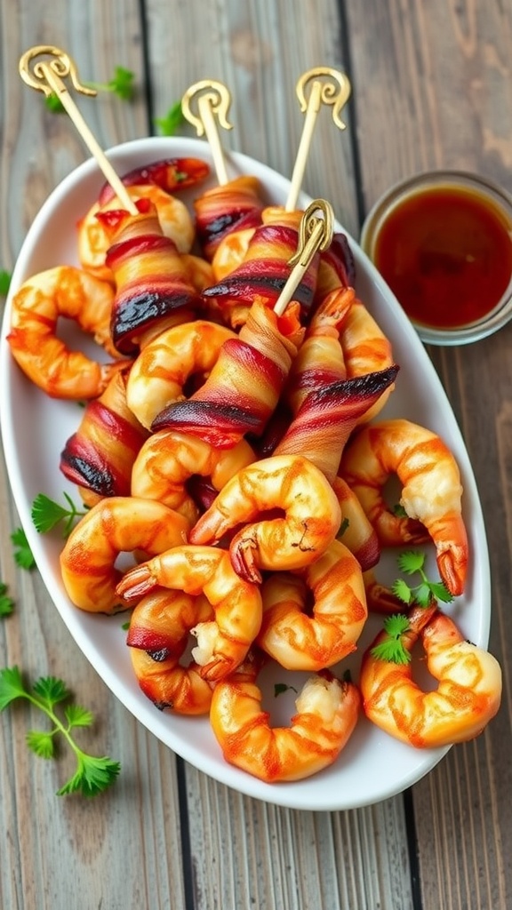 A close-up of bacon-wrapped shrimp, crispy and golden, served with a dipping sauce on a rustic wooden table.